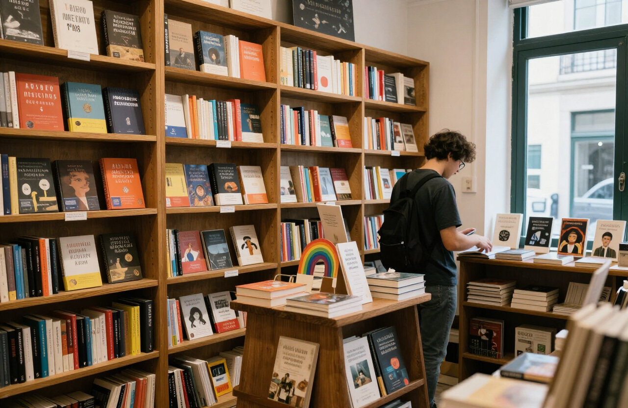 Interior de uma livraria independente em Lisboa, com estantes de madeira e um leitor a folhear um livro