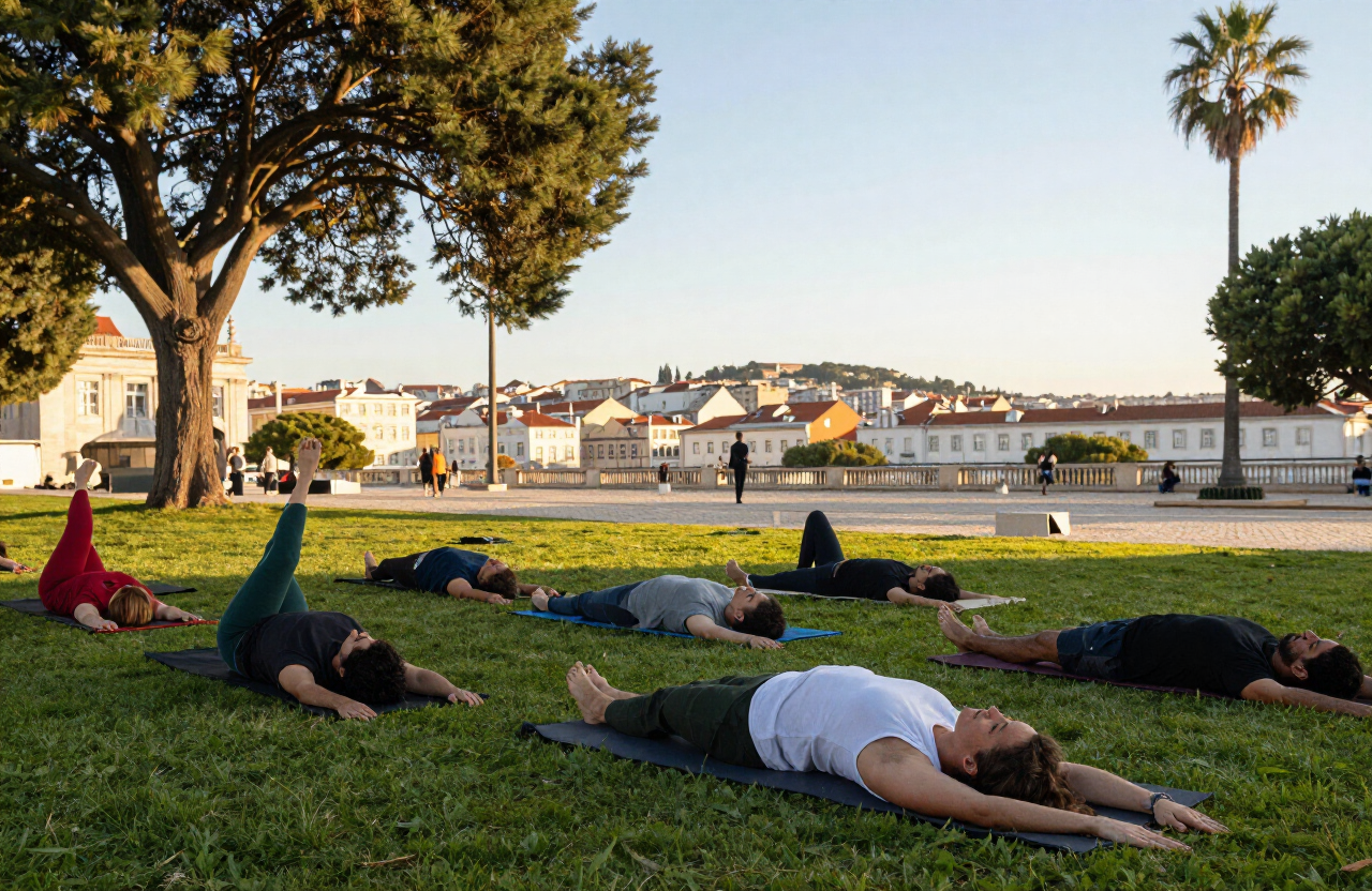 Grupo diverso a praticar ioga ao ar livre no Parque Eduardo VII, em Lisboa
