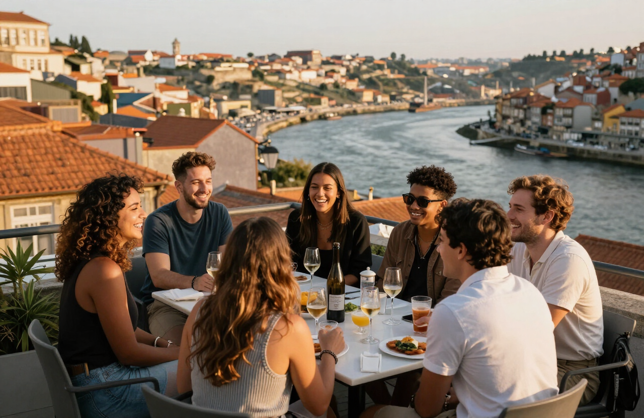 Grupo de amigos a rir num terraço do Porto ao pôr do sol, com os telhados da cidade ao fundo