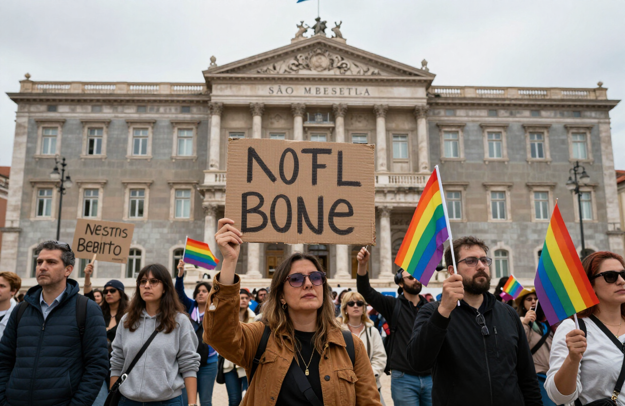 Manifestação pacífica em frente à Assembleia da República, em Lisboa, com cartazes e bandeiras arco-íris
