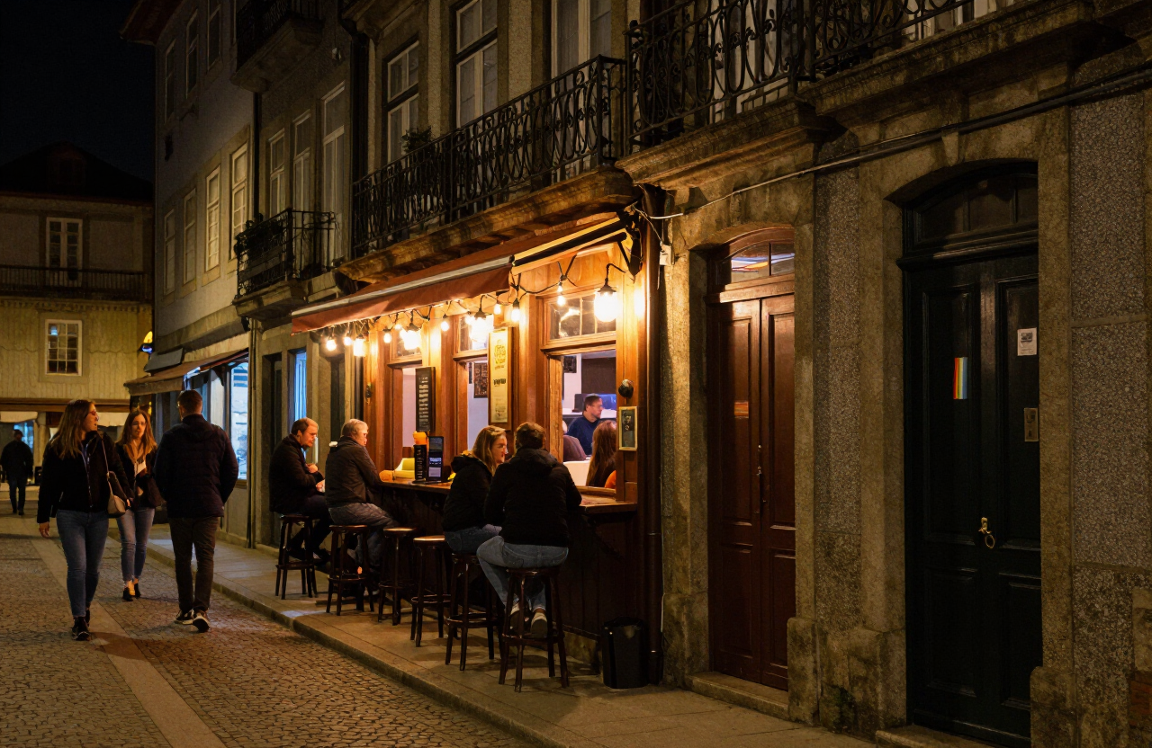 Rua da Galeria de Paris, no Porto, à noite, com luzes quentes e pessoas à porta dos bares