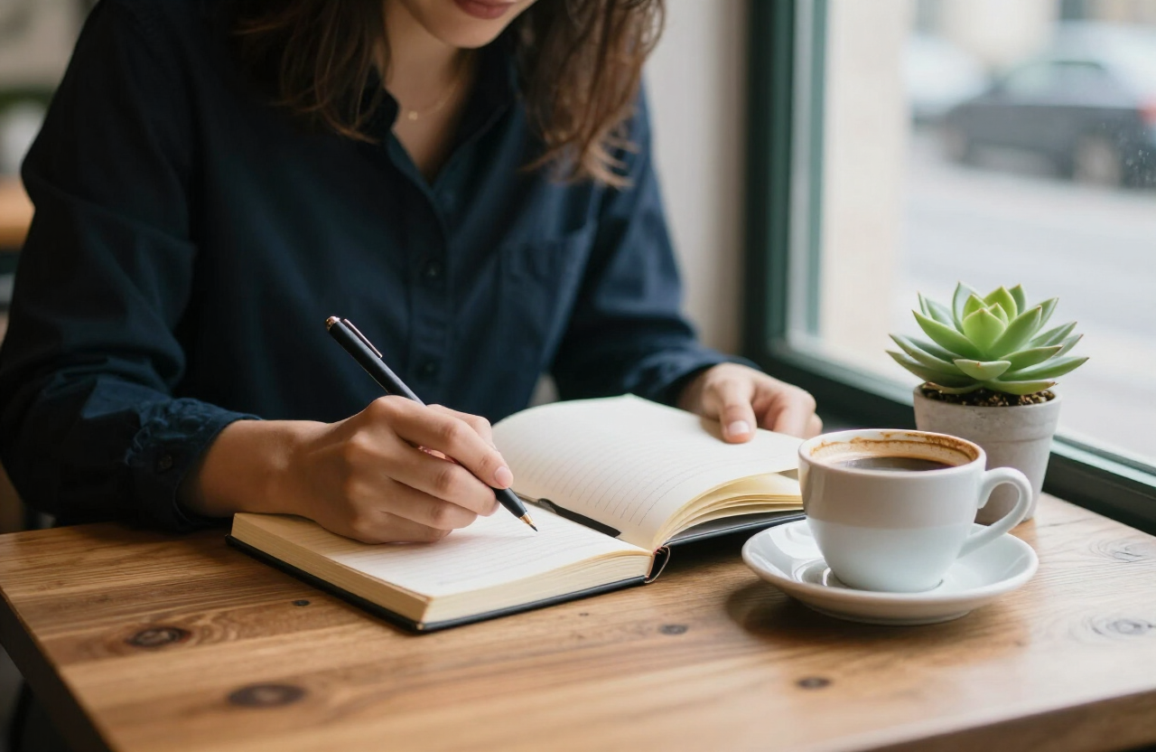 Pessoa a escrever num diário num café de Lisboa, junto a uma chávena de café e uma planta