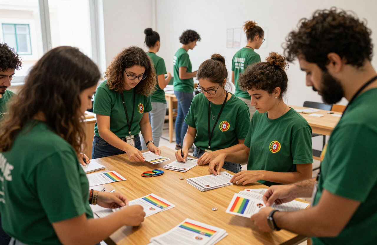 Voluntários num centro comunitário em Lisboa, reunidos à volta de uma mesa a preparar materiais
